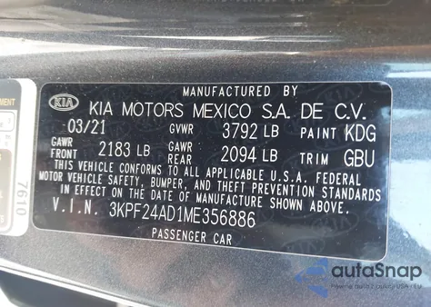 2021 Kia Forte Lxs z USA, uszkodzony, nr VIN 3KPF24AD1ME356886